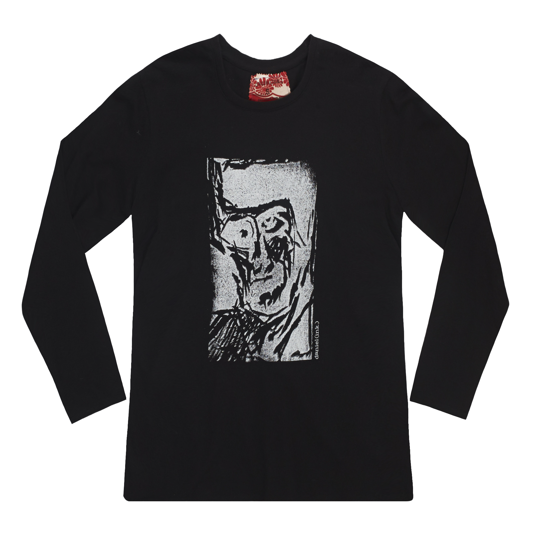 Women's black long sleeve shirt featuring a hand drawn sketch of an abstract face in white. This shirt has a red and white fabric label on the back of the neck.