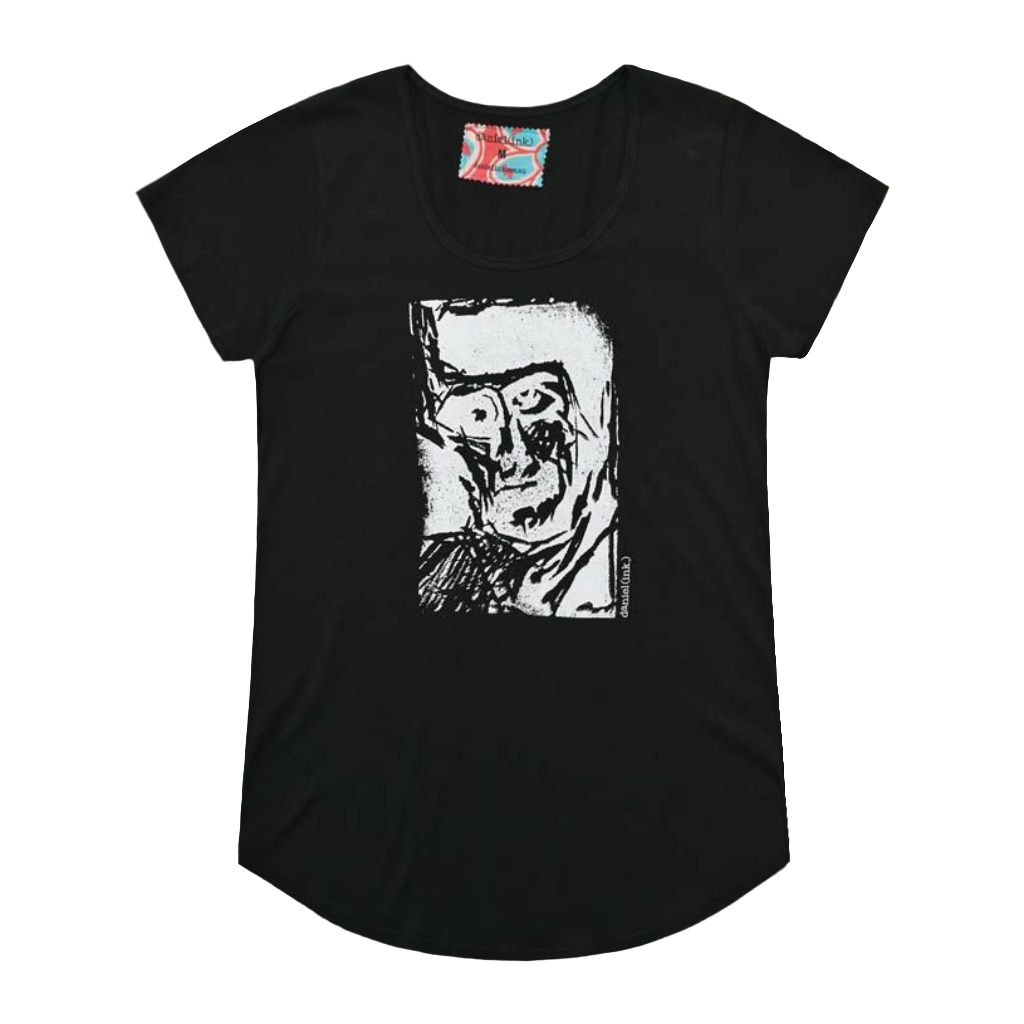 Women's black t-shirt featuring a hand drawn sketch of an abstract face in white. This t-shirt has a red, white, and blue fabric label on the back of the neck.