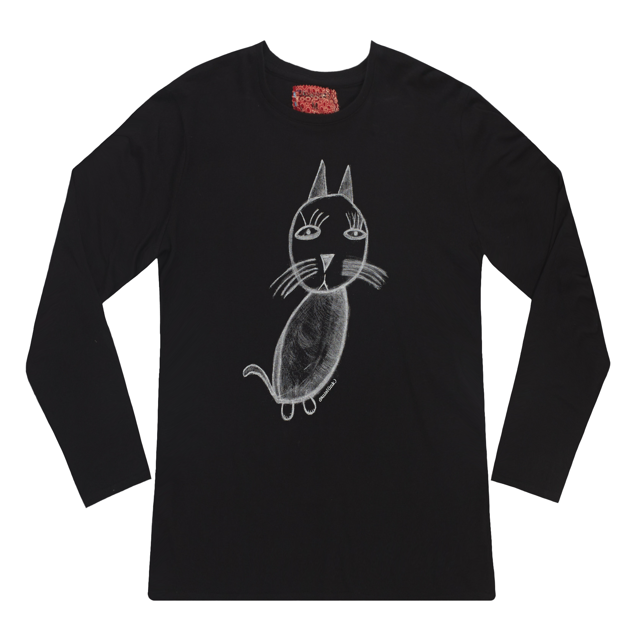 Women's black long sleeve shirt featuring a hand drawn sketch of a cat in white. This shirt has a red fabric label on the back of the neck.