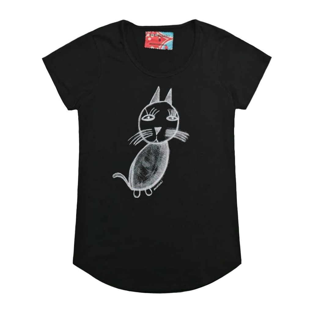 Women's black t-shirt featuring a hand drawn sketch of a cat in white. This t-shirt has a red, white, and blue fabric label on the back of the neck.