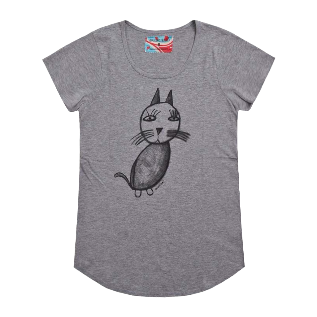 Women's grey t-shirt featuring a hand drawn sketch of a cat in black. This t-shirt has a red, white, and blue fabric label on the back of the neck.