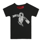 Black short sleeve babies' t-shirt featuring a hand drawn sketch of an owl in white. The t-shirt has a red fabric label on the back of the neck and has two black press studs on the left shoulder. 