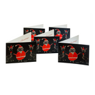Five black Christmas cards featuring design #18. Design #18 features Santa Claus standing with two reindeer. Santa Claus is wearing his signature red outfit and the two reindeer either side of him are in red pointy Santa hats.