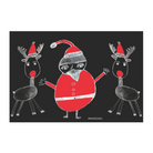 A single black Christmas card featuring design #18. Design #18 features Santa Claus standing with two reindeer. Santa Claus is wearing his signature red outfit and the two reindeer either side of him are in red pointy Santa hats.