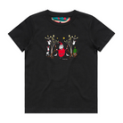 Black kids' t-shirt featuring a hand drawn image of Santa Claus standing in between two kangaroos and in front of two large gum trees. The kangaroos are accompanied by two small lizards, one of Santa's reindeer, and a Christmas tree surrounded by presents. The gum trees both have koalas in them. This t-shirt has a red, white, and blue fabric label on the back of the neck.