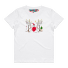 White kids' t-shirt featuring a hand drawn image of Santa Claus standing in between two kangaroos and in front of two large gum trees. The kangaroos are accompanied by two small lizards, one of Santa's reindeer, and a Christmas tree surrounded by presents. The gum trees both have koalas in them. This t-shirt has a red, white, and blue fabric label on the back of the neck.