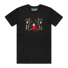Men's black t-shirt featuring a hand drawn image of Santa Claus standing in between two kangaroos and in front of two large gum trees. The kangaroos are accompanied by two small lizards, one of Santa's reindeer, and a Christmas tree surrounded by presents. The gum trees both have koalas in them. This t-shirt has a red, white, and blue fabric label on the back of the neck.