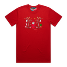 Men's red t-shirt featuring a hand drawn image of Santa Claus standing in between two kangaroos and in front of two large gum trees. The kangaroos are accompanied by two small lizards, one of Santa's reindeer, and a Christmas tree surrounded by presents. The gum trees both have koalas in them. This t-shirt has a red, white, and blue fabric label on the back of the neck.