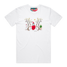 Men's white t-shirt featuring a hand drawn image of Santa Claus standing in between two kangaroos and in front of two large gum trees. The kangaroos are accompanied by two small lizards, one of Santa's reindeer, and a Christmas tree surrounded by presents. The gum trees both have koalas in them. This t-shirt has a red, white, and blue fabric label on the back of the neck.