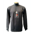 Unisex coal crew jumper featuring an embroidered image of a silver skeleton with a red heart. The name daniel(ink.) is embroidered in silver thread next to the skeleton. 