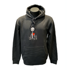 Unisex coal hoodie featuring an embroidered image of a silver skeleton with a red heart. The name daniel(ink.) is embroidered in silver thread next to the skeleton. 