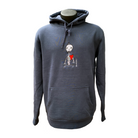 Unisex blue hoodie featuring an embroidered image of a silver skeleton with a red heart. The name daniel(ink.) is embroidered in silver thread next to the skeleton. 
