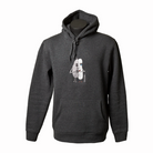 Unisex asphalt hoodie featuring an embroidered image of two oval-shaped humanoid figures merged side by side and holding hands in silver. The name daniel(ink.) is embroidered in silver thread to the right of the figures. 