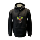 Unisex black hoodie featuring an embroidered image of a happy humanoid pot plant. The plant person is smiling and has a red plant-pot-shaped torso with long legs and green leaves sprouting from the torso. The name daniel(ink.) is embroidered in silver thread to the right of the plant person. 