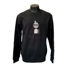 Unisex black crew jumper featuring an embroidered image of a person in silver and black. The person is wearing a small top hat and big sunglasses. The name daniel(ink.) is embroidered in silver thread to the right of the person. 