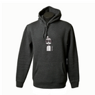 Unisex asphalt coloured hoodie featuring an embroidered image of a person in silver and black. The person is wearing a small top hat and big sunglasses. The name daniel(ink.) is embroidered in silver thread to the right of the person. 