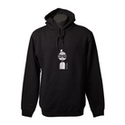 Unisex black hoodie featuring an embroidered image of a person in silver and black. The person is wearing a small top hat and big sunglasses. The name daniel(ink.) is embroidered in silver thread to the right of the person. 