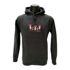Unisex coal coloured hoodie featuring an embroidered image of five humanoid mushroom figures, three large and two small, standing next to each other. Each mushroom figure has a red mushroom cap, red shoes, and red accents. The three large mushrooms also have red buttons on their chests which spell "magic" in Morse code. The name daniel(ink.) is embroidered in silver thread underneath the mushroom people. 