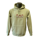 Unisex pistachio coloured hoodie featuring an embroidered image of five humanoid mushroom figures, three large and two small, standing next to each other. Each mushroom figure has a red mushroom cap, red shoes, and red accents. The three large mushrooms also have red buttons on their chests which spell "magic" in Morse code. The name daniel(ink.) is embroidered in silver thread underneath the mushroom people. 