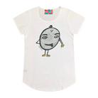 White short sleeve women's t-shirt featuring a hand-drawn picture of a humanoid egg man. The egg man is wearing a black bowler hat, gold gloves, and gold shoes, and is sticking his tongue out. There is a blue, white, and red fabric label on the back of the neck.