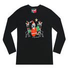 Black long sleeve women's shirt featuring a hand drawn sketch of Santa Claus standing with two reindeer in front of a Christmas tree. Santa Claus is wearing his signature red outfit and the two reindeer either side of him are in red pointy Santa hats. The shirt has a blue, white, and red fabric label on the back of the neck.