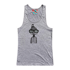 Women’s grey tank top featuring a hand drawn sketch of a person in black. The person is wearing a small top hat and big sunglasses. This tank top has a red, white, and blue fabric label on the back of the neck.