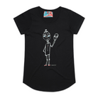 Black short sleeve women's t-shirt featuring a hand drawn sketch of a happy man holding a sad mask in white. The man has a top hat, blue eyes, and red shoes. The t-shirt has a blue, white, and red fabric label on the back of the neck.