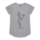 Grey short sleeve women's t-shirt featuring a hand drawn sketch of a happy man holding a sad mask in black. The man has a top hat, blue eyes, and red shoes. The t-shirt has a blue, white, and red fabric label on the back of the neck.
