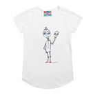 White short sleeve women's t-shirt featuring a hand drawn sketch of a happy man holding a sad mask in black. The man has a top hat, blue eyes, and red shoes. The t-shirt has a blue, white, and red fabric label on the back of the neck.