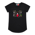 Women's black t-shirt featuring a hand drawn image of Santa Claus standing in between two kangaroos and in front of two large gum trees. The kangaroos are accompanied by two small lizards, one of Santa's reindeer, and a Christmas tree surrounded by presents. The gum trees both have koalas in them. This t-shirt has a red, white, and blue fabric label on the back of the neck.