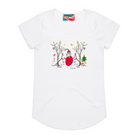 Women's white t-shirt featuring a hand drawn image of Santa Claus standing in between two kangaroos and in front of two large gum trees. The kangaroos are accompanied by two small lizards, one of Santa's reindeer, and a Christmas tree surrounded by presents. The gum trees both have koalas in them. This t-shirt has a red, white, and blue fabric label on the back of the neck.