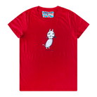 Women's red t-shirt featuring a hand drawn sketch of a cat in white. This t-shirt has a red, white, and blue fabric label on the back of the neck.